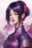 Placeholder: Anime Art, Mature woman, black hair with purple highlights, xiaohongshu hair style, Violet Qipao armor with pattern, honmeet, dark pink hair ribbon, SFW, Wuxia background, aggressive, small mole on face, shoulder guard, earrings, red eyeliner and lips, red hair streak