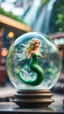 Placeholder: portrait of singing tiny green mermaid snake winged fairy with blonde swirly hair completly inside crystal ball bubble at the train station under waterfall,bokeh like f/0.8, tilt-shift lens 8k, high detail, smooth render, down-light, unreal engine, prize winning