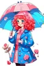 Placeholder: kind sailor, red curly hair, long jacket, pink-azure clothes, pink-azure cocked hat, white floral pattern on the jacket, flower in the hair. Pink and blue umbrella.