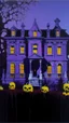 Placeholder: A purple haunted mansion with ghosts and Jack-o-lanterns painted by Andy Warhol