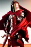 Placeholder: Planet Mars portrayed as a menacing man wearing Roman-like armour, a red cape, and a spartan helmet that covers his face entirely, he is armed with a spear and a spartan shield, his armour is covered with battle marks