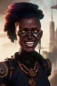 Placeholder: portrait,beautiful black woman smiling, post-apocalyptic in a steampunk city, realistic, intriacte detail, sci-fi fantasy style, volumetric lighting, particales,highly detailed,cinamatic, deep colours,8k