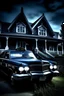 Placeholder: gothic paranormal haunted hause police car in front of the house