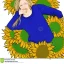 Placeholder: Illustration of a girl with blonde straight hair and blue eyes dress with black pants and blu sweater, sitting on a gigant sunflower