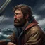 Placeholder: The lanky brown haired bearded deckhand "Simon" looking out at a stormy sea realistic grimdark