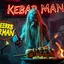 Placeholder: a very thin swedish viking man, evil with very long blonde hair (2 meter), (fat glowing eyes), he is called "KEBAB MAN" performing at death metal club, his name is "KEBAB MAN" kebab rolls On stage, kebab Neon lights and smog, and "KEBAB MAN" big sign on the wall, kebab tribal tattooes, spinning kebab machines, flames and smoke, chaos, he using gasolin and pour it on the kebab on the stage, pointing middle finger
