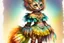 Placeholder: Jean-Baptiste Monge style. Full body of a humanoid biomorph kitten-owl faced woman. Vibrant, colorful. A furry striped dress, covered with owl feathers, in sunshine
