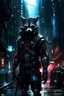 Placeholder: a cyberpunk racoon standing in a city street, black armour, with red highlights, grey cyberpunk city background