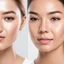 Placeholder: Generate three essence cream marketing images using a left-right split-screen design. The left side shows the facial condition before using the essence cream, the right side shows the effect after using it, and the essence cream jar is placed below the center dividing line. The three images respectively show the same woman's skin changes before and after use at ages 20, 30, and 40.