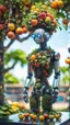 Placeholder: a full body portrait of a vegan hippie cybernetic robotic fruit tree made of living plants in all colors and tasty fruits growing, and having a sentient look in its eyes, like a buddha, on a glass pier,bokeh like f/0.8, tilt-shift lens 8k, high detail, smooth render, down-light, unreal engine, prize winning