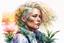 Placeholder: white background, cyberpunk, watercolor, Woman 48 years old, blonde, portrait painting, acrylic, summer sunset, plant hair, flower clothes, double exposure, fine rendering, high detail, high resolution, 8K