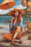 Placeholder: Full body of beautiful girl nami, Hair Color: Orange, Style: Wavy, Outfit Top: Blue, Outfit Bottom: Orange, Shoes: Brown, Accessories: Tangerine, Weapon: Clima-Tact, Hat: Straw, Tattoo: Pinwheel, Earrings: Hoops, sophisticated,, beautiful woman, hyper realistic, hyperrealism, photoreal, realistic, photorealistic, soft pastels, full-body, standing, long shot, wide angle, aesthetic