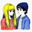 Placeholder: Sketch of a girl with long yellow hair parted in the middle of the head and a boy with big blue eyes and black hair, a woollen hat. Listening to music. In the 70s