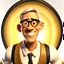 Placeholder: a portrait of smiling man. caricature. black rare hair. light brown skin. black eye pupils. circle eyeglasses, thin gold frame. round face shape. white shirt with black vest. pixar style. 3D. 4k. portrait. highly detailed. sharp focus. high resolution. full color. cinema lighting