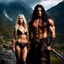 Placeholder: tall muscular male mountain man with long dark hair with a petit female with long blonde hair, dark fantasy,