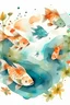 Placeholder: Fish in a pond, view from above, Japanese style, watercolor, realistic fish, minimalistic