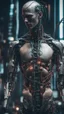 Placeholder: um ser humano com estrutura corporal metade humano metade robo, made with metal parts and human parts, cabos de energia, em um universo cyberpunk, estilo cyberpunk, RAW, realist phoyo, cinematografic, analogue, 8K UHD, DSLR, alta qualidade, grain of film, fujifilm XT3, arte de rutkowiski e argerm, cinema, adobe lightroom, photolab (hiper-realismo)