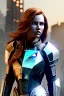 Placeholder: ultrarealistic, ruined city,__mass effect armor__, __angles__, 19 year old woman, strikingly beautiful, ginger hair, silver colour, [__starlets__|__starlets__], (pale __skincolor__ skin:1.2), __camera__, _hair_, detailed face and eyes, medium breasts, leather choker, freckles, dynamic pose, resolved expression, __accessory__, strappy outfit, (straps:1.1), sword in scabard on left hip, (buckles, buttons, snaps, rings:1.0), haltertop style breastplate, detailed eyes, plump lips, sci-fi theme