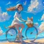 Placeholder: A girl is riding a bicycle on the beach. His cat is sitting in the front basket of the bicycle. Spring flowers can be seen everywhere. Beautiful blue sky with white clouds - kites in the sky. sense of peace. digital art, anime, 8k, full details