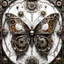 Placeholder: close up of an extremely detailed steampunk butterfly display on white background, colorful wings made out of intricate gears and valves and microchip silicon, body is silver polished metal, high-quality steampunk art, by H.R. Giger, by Dan Matutina, intricate details, sharp focus, beautiful, stained glass panels, intricate metallic textures, dramatic spotlight effect