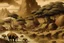 Placeholder: Sepia brown tar pits near a mountain painted by Frank Lloyd Wright