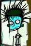 Placeholder: 2d drawing of a stickman, cool with punk hair, x eyes like in hangman, driving a porch, 3d realistic in colour