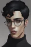 Placeholder: Short black hair, light skin, black skin tight turtle neck clothing, black round glasses, earrings, grey eyes, black eye shadow, man