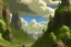 Placeholder: Tall rocky cliffs with trees river clouds hi def 4k in the style of bierstadt