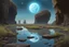 Placeholder: Grey blue sky with one exoplanet in the horizon, rocks, cliffs, puddle, weeds, sci-fi movies influence, movie wallpaper, epic, trascendent, ernest welvaert and charles leickert impressionism paintings