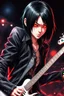 Placeholder: A portrait of 30 years old chthonic metal guitarist at a midnight concert, manly facial features, red creepy alien bug eyes, black hair, athletic build, dynamic, in the style of manga "Rosario+Vampire"