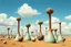 Placeholder: Strange spindle-shaped objects of various shapes, scattered over an arid wasteland, clouds, Max Ernst, Audubon, Amano, Walton Ford, Yves Tanguy, bright colours, polaroid, 8k, 3d, 33mm photography, well defined