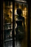 Placeholder: A dirty smudged window a old shop with reflections of a dark paris street light glinting off the surface of the window, reflection of an female figure