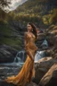 Placeholder: full shot body photo of the most beautiful artwork in the world featuring model, happy mood, High Detail, dramatic, photo realistic, ultra sharp, ultra hd, hyper realistic, ultra realistic, ((((dress)))), trending on artstation, sharp focus, studio photo, intricate details, highly detailed, standing in nice pose in country side with river ,water fall ,rocky valley,mountains at background, pretty clouds