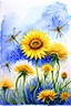 Placeholder: Dandelions, Water Hemlock, wild flowers and dragonflies stunning watercolor art by susan Winget, painted, in gold, blue and white tones with a sunflower --v 7 In style of Marjolien Bastin.