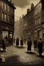 Placeholder: 1890s city streets with muddy road and dark atmosphere people outside a brothel digital art