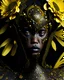 Placeholder: Beautiful vantablack woman and yellow daisy floral venetian voidcore shamanism and armour dress balack steel and yellow Golden glitter cover daisy headress baroque floral headdress f portrait close up adorned with floral metallic filigree headress and wearing metallic floral embossed mineral stone ribbed wasp costume armour winged dress organic bio spinal ribbed detail of transculent malachit colour lines ink art extremely detailed hyperrealistic maximálist concept portrait