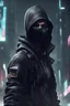 Placeholder: cyberpunk assassin in a black ski mask