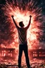 Placeholder: Young man standing, with arms raised, in front of an exploding building at night, with red lightening around him