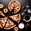 Placeholder: Pizza, hamburger, coca-cola, donut, coffee, black background