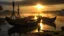 Placeholder: Fishermen’s boats anchored around a Scottish harbour near a fishing village, fishermen putting fishing nets on their boats, mist covering the distance, the moment the sun rises, beautiful romantic photograph, excellent composition, atmospheric, realistic