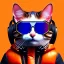 Placeholder: Scottish cat toddler, smile, cyberpunk headphone, sunglass, gangsta neckless, full body, orange puffer jacket, tokio background, dramatic lighting, hyper realistic, unreal engine 5, 16k