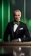 Placeholder: Handsome Alpha Male aged 40. buzz-cut hair, five o clock shadow, wearing a black tuxedo with a green bow tie. Hyperrealistic 4k dark fantasy