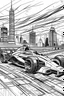Placeholder: racing cars of the future style future city background only use outline clean line art , white background, no shadows , thicker line, no details end clear and well outlined full size
