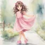 Placeholder: watercolor, full body, cute smile girl, curly hair, big eyes, long brown hair, pink dress, pink shoes