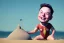 Placeholder: Elon musk as a Happy baby building a rocketship sandcastle on the beach. He is wearing a polkadot swimsuit