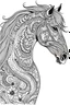 Placeholder: Create a beautifully illustrated, vector-based coloring book image of a horse in monochrome style. The image should feature a black and white outline on a white background with intricate floral patterns on the body, mane, and tail. It should have a clean, minimalistic aesthetic, perfect for coloring. Ensure a horizontal orientation for the illustration.