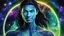 Placeholder: beautiful gorgeous young man na'vi with long hair, Avatar, blue skin, two small ears, green eyes, black hair, in cosmic suit, galactic ambiance, medium pointy goatee , smiling, nebulas and sacred geometry light figures on the backgroud,