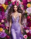 Placeholder: length picture, overalls photography ultra realistic high details ,beauty colors ,full body, beautiful girl super model beauty make up cosmetic baubles surrounded by an abundance of flowers, wearing a dress made of elements flora flowers purple with colorful roses, with long hair adorned with small flowers, and a background filled with greenery and roses