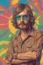 Placeholder: hippie young man with glasses of colours and poor and short short short and poor hair on the head with receding hairline. Farsightedness glasses with big eyes. Shirt beard in the head. Vintage look and feel like photo style-of the 70s