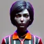 Placeholder: waitress punk woman, rounded face, black short hair, color cheeks, striped shirt, vibrant color, highly detailed, art stations, concept art, smooth, unreal engine 5, god rays, ray tracing, RTX, lumen lighting, ultra detail, volumetric lighting, 3d, finely drawn, high definition, high resolution.